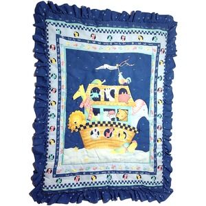 Vtg Noah's‎ Ark Two By 2 Baby Crib Quilt Blanket Bedtime Originals Blue Animals